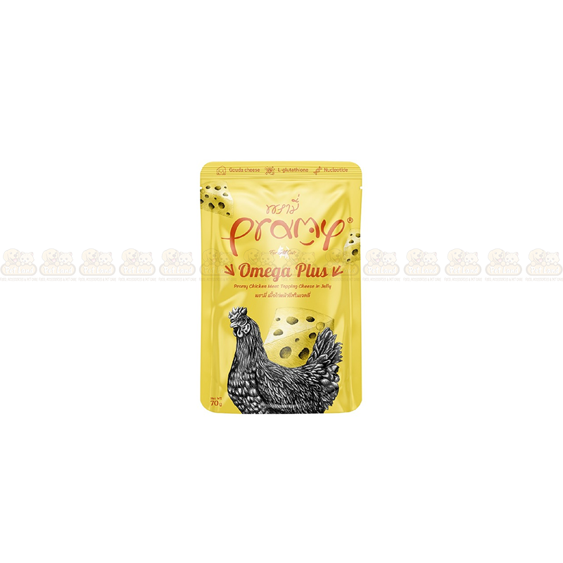Pramy Omega Plus Chicken Meat Topping Cheese in Jelly 70g Pouch Food (All Cats)