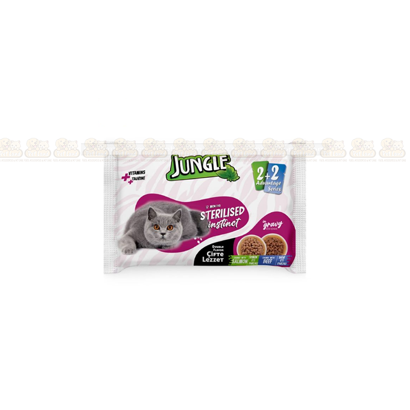 Jungle Salmon & Beef in Gravy 4Pc Combo (4×100g) Adult Sterilised Pouch Food