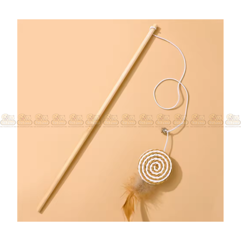 Handmade Wooden Fishing Pole Bell with Feather Teaser Toy for Cats